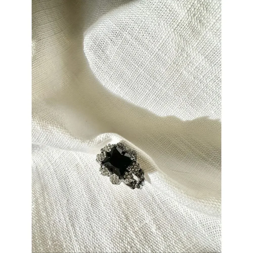 Black Onyx cubic zirconia Halloween skull cocktail ring
